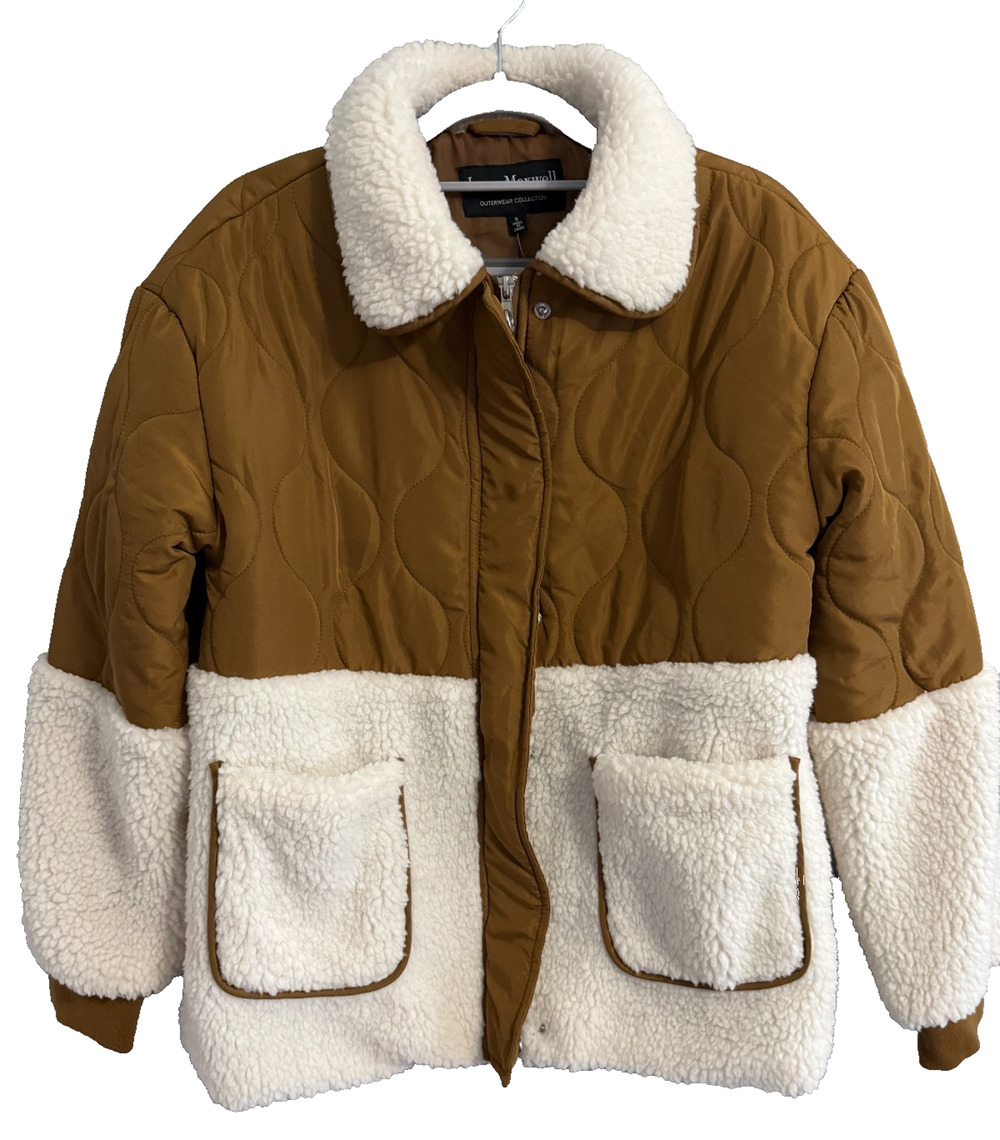 Jason Maxwell Womens S Quilted Sherpa Jacket Brown Cream Faux Shearling NWT
